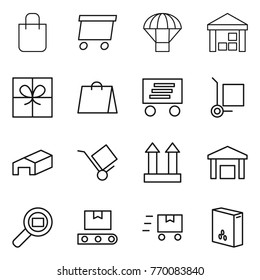 Thin line icon set : shopping bag, delivery, parachute, warehouse, gift, cargo stoller, trolley, top sign, search, transporter tape, fast deliver, cereals
