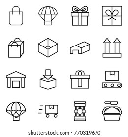 Thin line icon set : shopping bag, parachute, gift, box, warehouse, cargo top sign, package, hi quality, transporter tape, delivery, fast deliver, pasta, washing powder