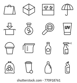Thin line icon set : shopping bag, box, tools, dry cargo, package, chemical, search, uv cream, bucket, measuring cup, ketchup, sprayer, garbage, trash bin, cleanser, toilet