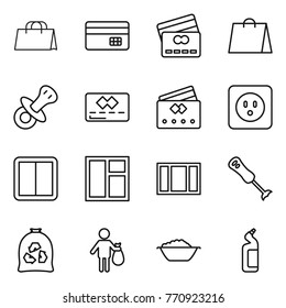 Thin line icon set : shopping bag, credit card, nipple, power socket, switch, window, blender, garbage, trash, foam basin, toilet cleanser