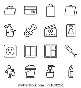 Thin line icon set : shopping bag, credit card, cleanser, nipple, identity, power socket, switch, window, blender, trash, foam bucket, liquid soap, toilet