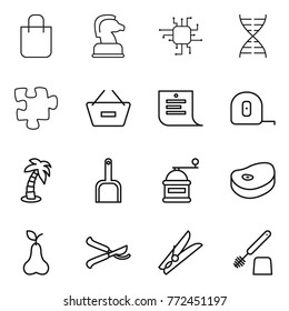 Thin line icon set : shopping bag, chess horse, chip, dna, puzzle, remove from basket, list, measuring tape, palm, scoop, hand mill, steake, pear, pruner, clothespin, toilet brush