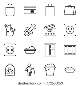 Thin line icon set : shopping bag, credit card, cleanser, nipple, power socket, washing, window, garbage, trash, foam bucket, basin