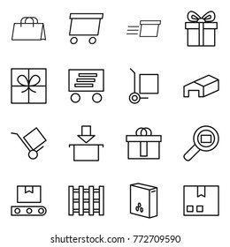 Thin line icon set : shopping bag, delivery, gift, cargo stoller, warehouse, trolley, package, hi quality, search, transporter tape, pallet, cereals