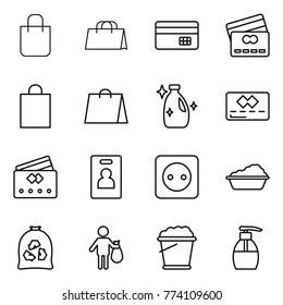 Thin line icon set : shopping bag, credit card, cleanser, identity, power socket, washing, garbage, trash, foam bucket, liquid soap