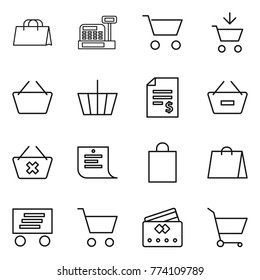 Thin line icon set : shopping bag, cashbox, cart, add to, basket, account balance, remove from, delete, list, delivery, credit card
