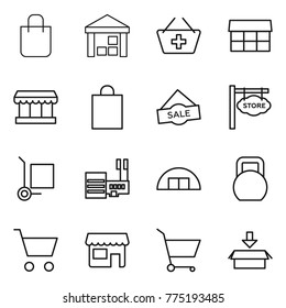 Thin line icon set : shopping bag, warehouse, add to basket, market, sale, store signboard, cargo stoller, mall, hangare, heavy, cart, shop, package