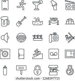 Thin Line Icon Set - shovel vector, seedling, well, plant label, greenhouse, run, joint, camera, radio, speaker, phone back, mobile, record, lock, career ladder, pool, plan, fridge, wireless, beer