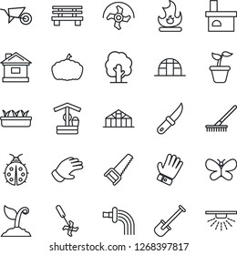 Thin Line Icon Set - shovel vector, ripper, rake, seedling, tree, wheelbarrow, watering, sproute, glove, saw, butterfly, lady bug, fire, house, well, garden knife, bench, pumpkin, fireplace