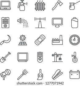 Thin Line Icon Set - shovel vector, farm fork, watering, sickle, axe, garden sprayer, patch, clock, microphone, antenna, tv, monitor, laptop pc, themes, battery, stapler, sun panel, heater, crane