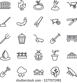 Thin Line Icon Set - shovel vector, farm fork, fence, seedling, tree, wheelbarrow, sproute, pruner, saw, lawn mower, lady bug, fire, water drop, rain, hoe, bench, garden light, greenhouse, pond
