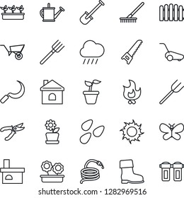 Thin Line Icon Set - shovel vector, farm fork, fence, rake, seedling, watering can, wheelbarrow, pruner, boot, saw, lawn mower, butterfly, fire, house, sun, rain, hose, sickle, fireplace, seeds