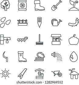 Thin Line Icon Set - shovel vector, rake, tree, watering can, wheelbarrow, sproute, boot, saw, seedling, water drop, sun, well, hose, sickle, plant label, pumpkin, seeds, caterpillar, fertilizer