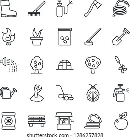 Thin Line Icon Set - shovel vector, rake, seedling, watering can, sproute, boot, lawn mower, lady bug, fire, well, hose, hoe, axe, bench, greenhouse, seeds, garden sprayer, fertilizer, ripper, apple