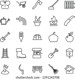 Thin Line Icon Set - shovel vector, fence, rake, ladder, seedling, watering can, wheelbarrow, sproute, boot, butterfly, fire, well, hoe, sickle, garden knife, axe, plant label, bench, pumpkin, eco