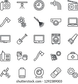 Thin Line Icon Set - shovel vector, rake, watering, saw, axe, doctor case, blood pressure, patch, clock, camera, radio, satellite, tv, monitor, laptop pc, phone, low battery, sun panel, washer, web