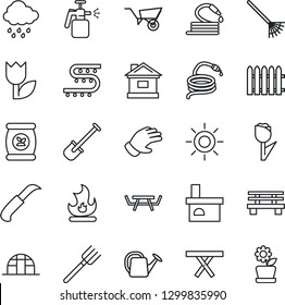 Thin Line Icon Set - shovel vector, farm fork, fence, rake, watering can, wheelbarrow, glove, fire, house, sun, rain, hose, garden knife, bench, fireplace, greenhouse, picnic table, sprayer, tulip