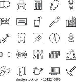Thin Line Icon Set - shovel vector, watering can, fireplace, seeds, barbell, caries, truck trailer, cargo container, no hook, flammable, rack, settings, finger down, clock, notes, office building