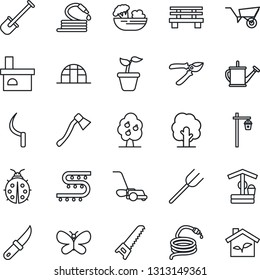 Thin Line Icon Set - shovel vector, farm fork, seedling, tree, watering can, wheelbarrow, pruner, saw, lawn mower, butterfly, lady bug, well, hose, sickle, garden knife, axe, bench, light, fireplace