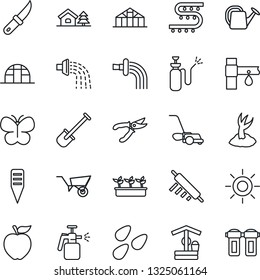 Thin Line Icon Set - shovel vector, watering can, wheelbarrow, sproute, pruner, lawn mower, butterfly, seedling, sun, well, garden knife, plant label, greenhouse, seeds, sprayer, drip irrigation
