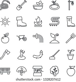 Thin Line Icon Set - shovel vector, farm fork, ripper, seedling, tree, wheelbarrow, watering, sproute, boot, fire, sun, well, hose, hoe, axe, bench, garden light, caterpillar, pond, drip irrigation