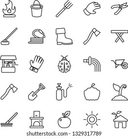 Thin Line Icon Set - shovel vector, farm fork, rake, wheelbarrow, bucket, watering, sproute, pruner, glove, boot, lady bug, fire, sun, well, hose, hoe, axe, pumpkin, fireplace, picnic table