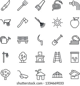 Thin Line Icon Set - shovel vector, farm fork, rake, ladder, watering can, wheelbarrow, saw, lawn mower, sun, hose, sickle, garden knife, axe, bench, light, fireplace, greenhouse, seeds, fruit tree