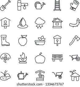 Thin Line Icon Set - shovel vector, ripper, ladder, watering can, wheelbarrow, glove, boot, fire, house, water drop, rain, well, axe, bench, pumpkin, caterpillar, pond, bird, drip irrigation, salad