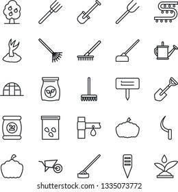 Thin Line Icon Set - shovel vector, farm fork, rake, watering can, wheelbarrow, sproute, hoe, sickle, plant label, pumpkin, greenhouse, seeds, fertilizer, drip irrigation, fruit tree