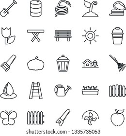 Thin Line Icon Set - shovel vector, ripper, fence, rake, ladder, watering can, bucket, sproute, saw, butterfly, seedling, water drop, sun, hose, bench, pumpkin, garden light, picnic table, tulip