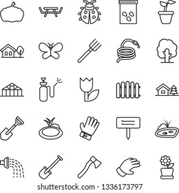 Thin Line Icon Set - shovel vector, farm fork, fence, seedling, tree, watering, glove, butterfly, lady bug, hose, axe, plant label, pumpkin, greenhouse, seeds, pond, picnic table, garden sprayer