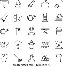 Thin Line Icon Set - shovel vector, rake, ladder, seedling, watering can, bucket, sproute, saw, butterfly, fire, hose, plant label, pumpkin, garden light, picnic table, bird house, drip irrigation