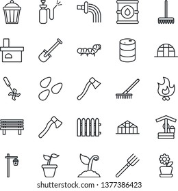 Thin Line Icon Set - shovel vector, farm fork, fence, rake, seedling, watering, sproute, fire, well, axe, bench, garden light, fireplace, greenhouse, seeds, caterpillar, sprayer, ripper, oil barrel