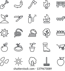 Thin Line Icon Set - shovel vector, rake, seedling, tree, wheelbarrow, sproute, pruner, boot, fire, sun, hose, axe, bench, seeds, caterpillar, pond, garden sprayer, apple fruit
