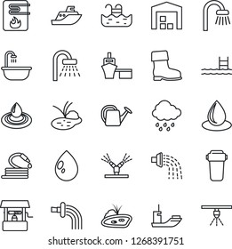 Thin Line Icon Set - shower vector, watering can, boot, water drop, rain, well, hose, pond, sea shipping, port, pool, warehouse, bathroom, irrigation, heater, filter, sprinkler