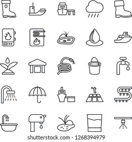 Thin Line Icon Set - shower vector, bucket, boot, water drop, rain, hose, pond, drip irrigation, sea shipping, port, umbrella, warehouse, supply, bathroom, drink, heater, warm floor, sprinkler