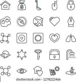 Thin Line Icon Set - shower vector, lock, mouse, money bag, heart, molecule, lungs, eye, plane, rec button, record, compass, ink pen, house, sun panel, sweet home, ladle, omelette, police, tie