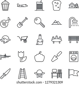 Thin Line Icon Set - shower vector, boarding, plane, desk, meeting, trowel, shovel, ladder, wheelbarrow, bench, pumpkin, garden light, tulip, themes, music, house with tree, mountains, key, city