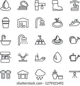 Thin Line Icon Set - shower vector, watering can, bucket, boot, water drop, rain, well, hose, pond, drip irrigation, sea shipping, port, warehouse, bathroom, filter, warm floor, sprinkler