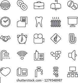 Thin Line Icon Set - shower vector, handshake, pills, tooth, no hook, video camera, radio phone, chain, heart, alarm, case, clock, presentation board, paper clip, document folder, water supply