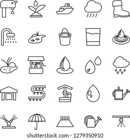 Thin Line Icon Set - shower vector, watering can, bucket, boot, water drop, rain, well, pond, drip irrigation, sea shipping, umbrella, warehouse, supply, drink, warm floor, sprinkler