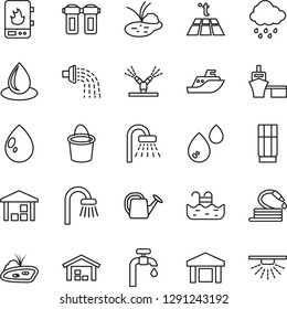 Thin Line Icon Set - shower vector, watering can, bucket, water drop, rain, hose, pond, sea shipping, port, warehouse, pool, supply, bathroom, drink, irrigation, heater, filter, warm floor
