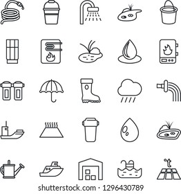 Thin Line Icon Set - shower vector, watering can, bucket, boot, water drop, rain, hose, pond, sea shipping, umbrella, pool, warehouse, drink, heater, filter, warm floor