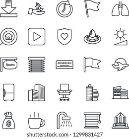 Thin Line Icon Set - shower vector, money bag, coffee, heart shield, lungs, plane, play button, download, brightness, office building, chair, rooms, estate search, reserved, water, jalousie, fridge