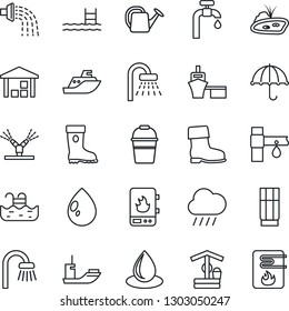 Thin Line Icon Set - shower vector, watering can, bucket, boot, water drop, rain, well, drip irrigation, sea shipping, port, umbrella, warehouse, pond, pool, supply, bathroom, drink, heater