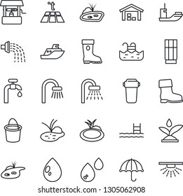 Thin Line Icon Set - shower vector, bucket, watering, boot, water drop, well, pond, sea shipping, umbrella, pool, supply, warehouse, bathroom, drink, irrigation, filter, warm floor, sprinkler