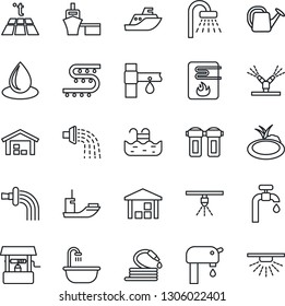 Thin Line Icon Set - shower vector, watering can, water drop, well, hose, pond, drip irrigation, sea shipping, port, warehouse, pool, supply, bathroom, heater, filter, warm floor, sprinkler