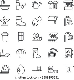 Thin Line Icon Set - shower vector, watering can, boot, water drop, well, hose, drip irrigation, sea shipping, port, umbrella, pool, supply, bathroom, drink, heater, filter, sprinkler