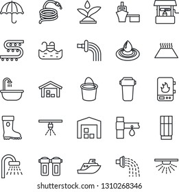 Thin Line Icon Set - shower vector, bucket, watering, boot, well, hose, drip irrigation, sea shipping, port, umbrella, pool, warehouse, bathroom, drink, water heater, filter, warm floor, sprinkler