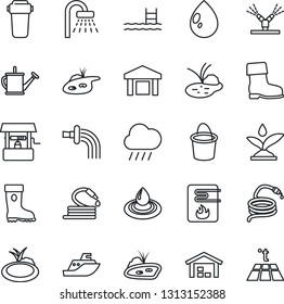 Thin Line Icon Set - shower vector, watering can, bucket, boot, water drop, rain, well, hose, pond, sea shipping, warehouse, pool, irrigation, heater, filter, warm floor